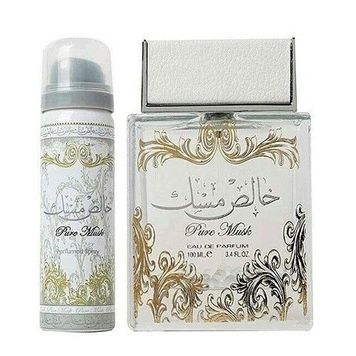 Pure Musk Arabian perfume spray and eau de parfum bottle with gold ornate design