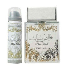 Pure Musk Arabian perfume spray and eau de parfum bottle with gold ornate design