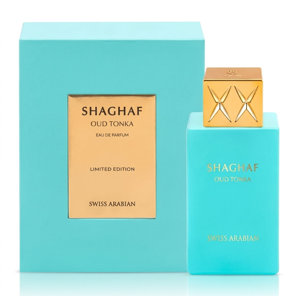 Swiss Arabian Shaghaf Oud Tonka Eau de Parfum 75ml turquoise and gold bottle highlighting notes of almond, tonka bean, and vanilla