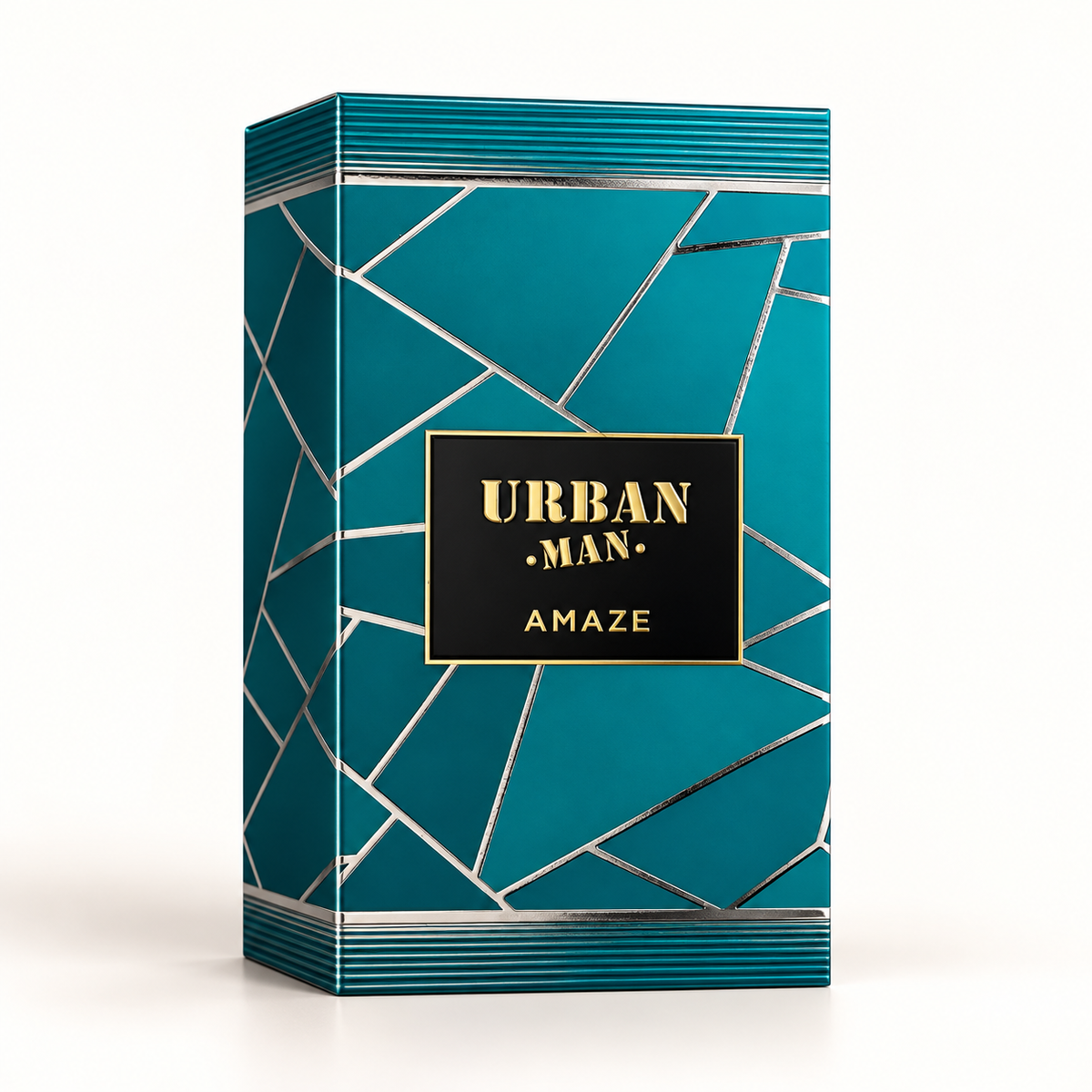 Original teal geometric box for Fragrance World Urban Man Amaze