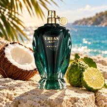 Urban Man Amaze bottle with coconut and bergamot in a coastal setting